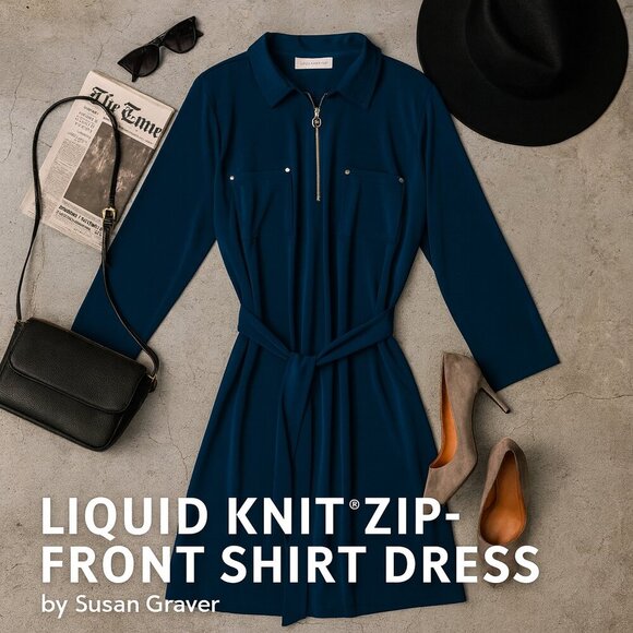 Susan Graver Liquid Knit Navy Zip-Front Shirt Dress with Tie Waist | Plus 3X - Picture 1 of 12